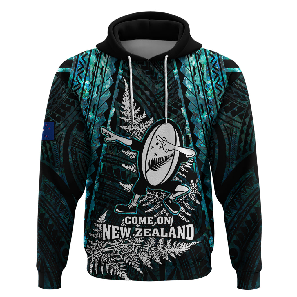 New Zealand Silver Fern Rugby Hoodie Aotearoa All Black Dabbing Ball With Maori Paua Shell - Wonder Print Shop