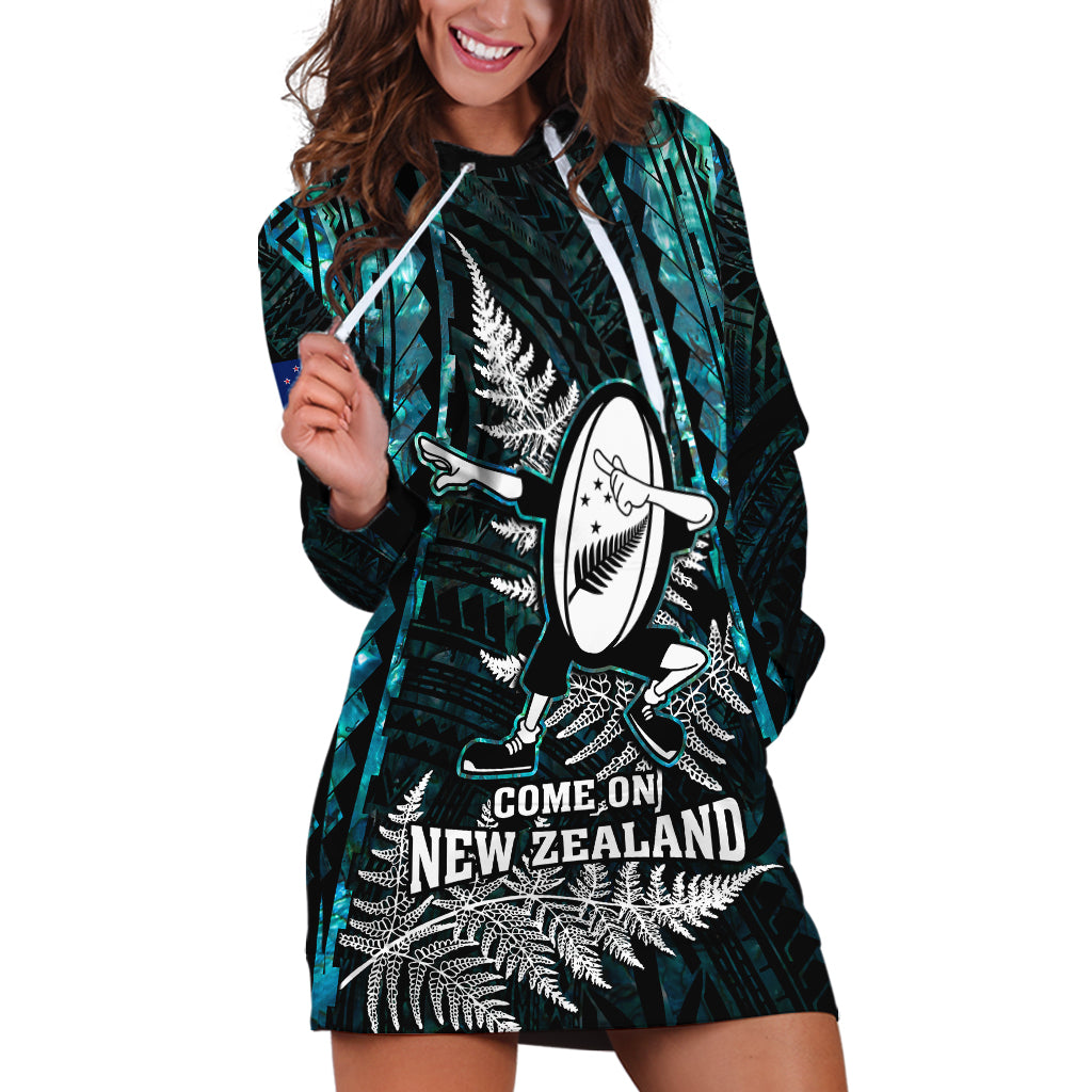 New Zealand Silver Fern Rugby Hoodie Dress Aotearoa All Black Dabbing Ball With Maori Paua Shell - Wonder Print Shop