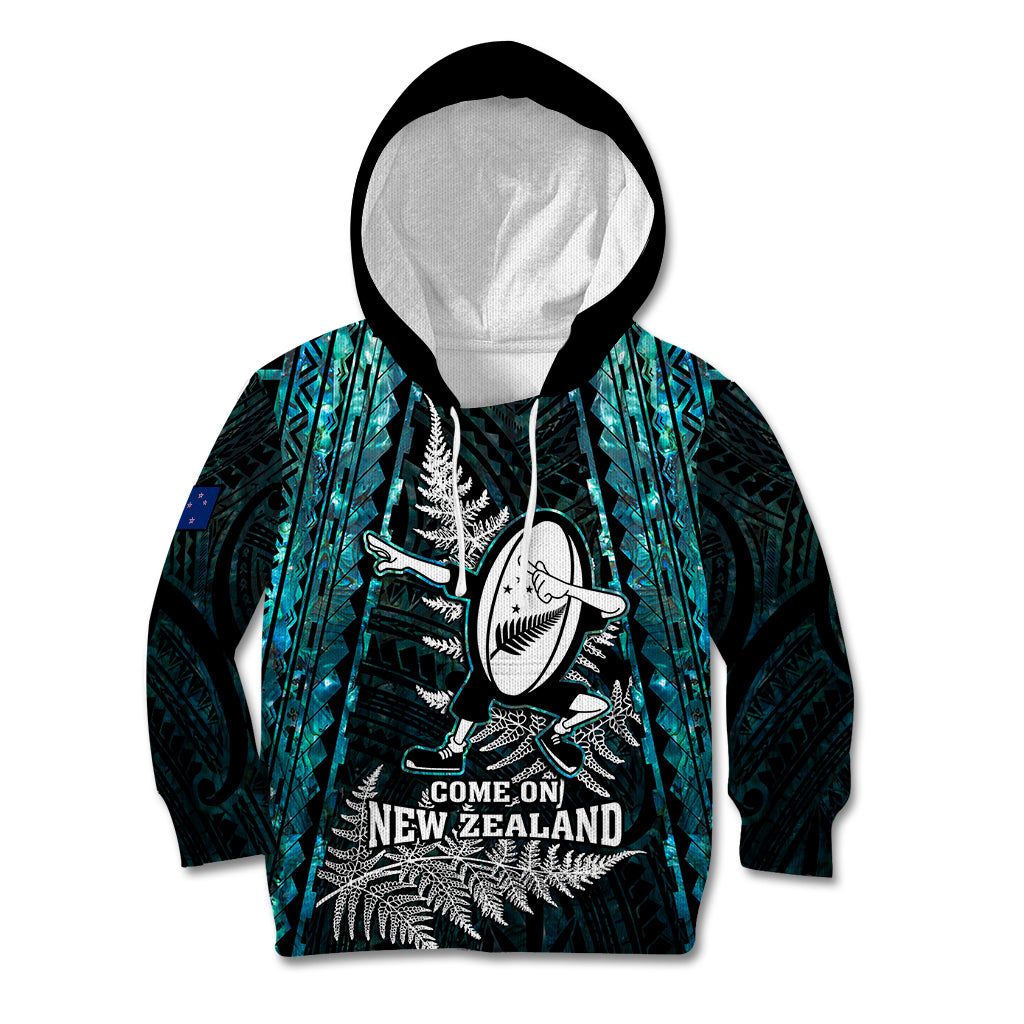 New Zealand Silver Fern Rugby Kid Hoodie Aotearoa All Black Dabbing Ball With Maori Paua Shell - Wonder Print Shop