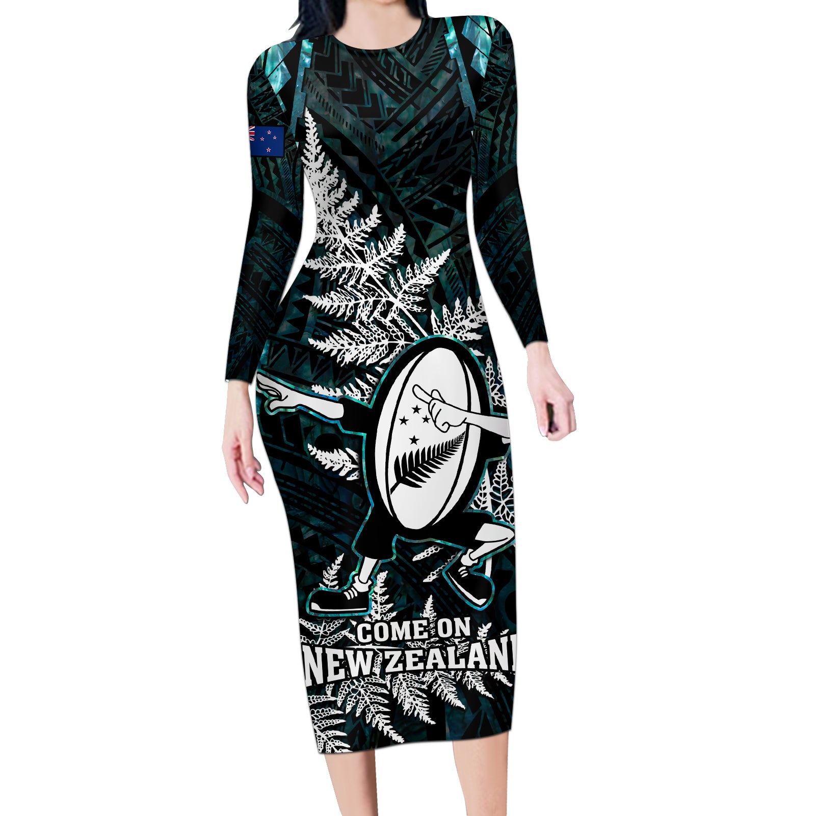 New Zealand Silver Fern Rugby Long Sleeve Bodycon Dress Aotearoa All Black Dabbing Ball With Maori Paua Shell - Wonder Print Shop