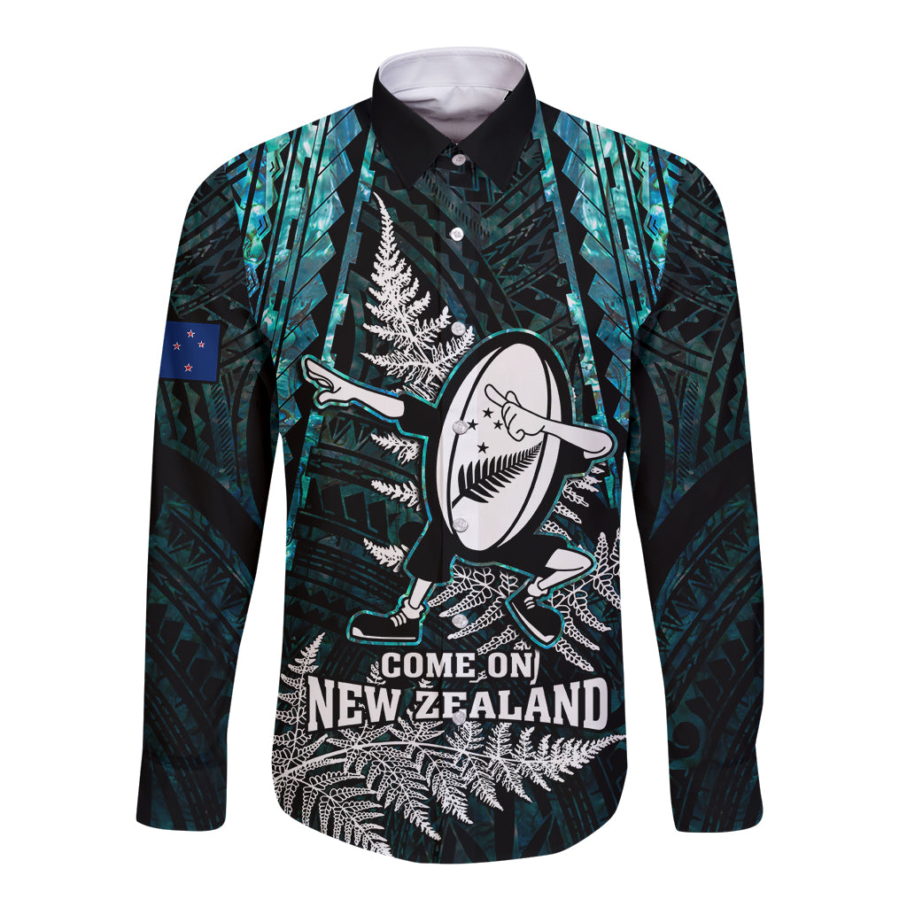 New Zealand Silver Fern Rugby Long Sleeve Button Shirt Aotearoa All Black Dabbing Ball With Maori Paua Shell - Wonder Print Shop