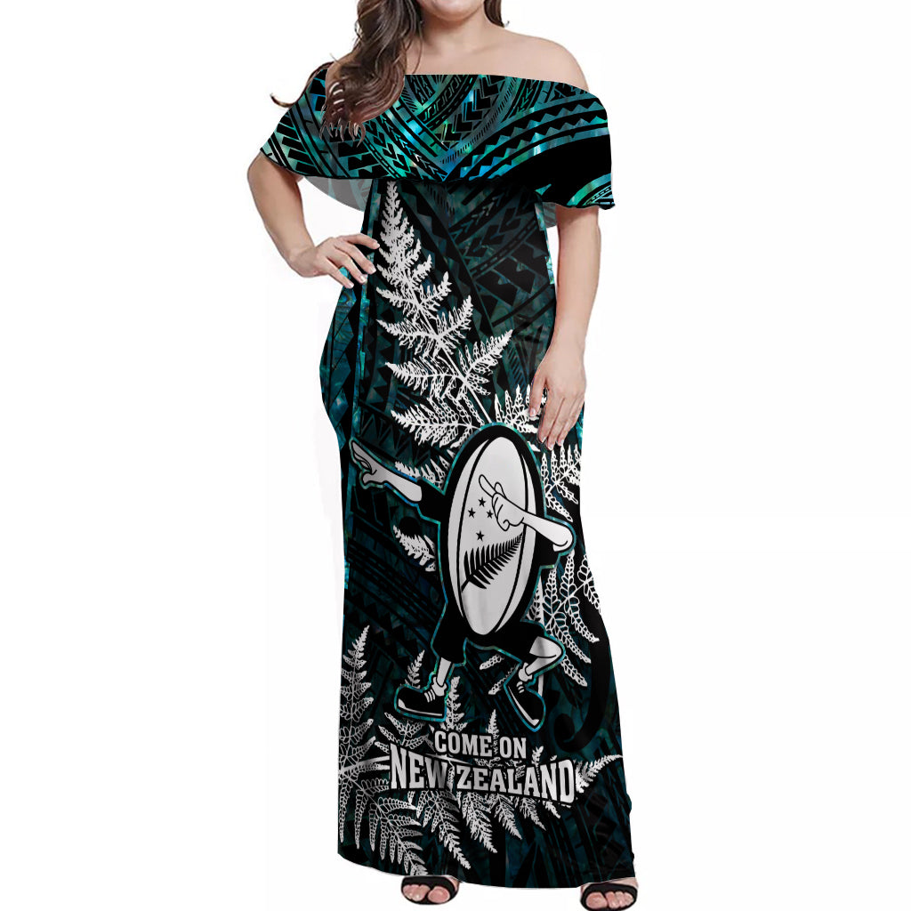 New Zealand Silver Fern Rugby Off Shoulder Maxi Dress Aotearoa All Black Dabbing Ball With Maori Paua Shell - Wonder Print Shop