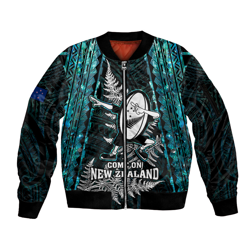 New Zealand Silver Fern Rugby Sleeve Zip Bomber Jacket Aotearoa All Black Dabbing Ball With Maori Paua Shell - Wonder Print Shop