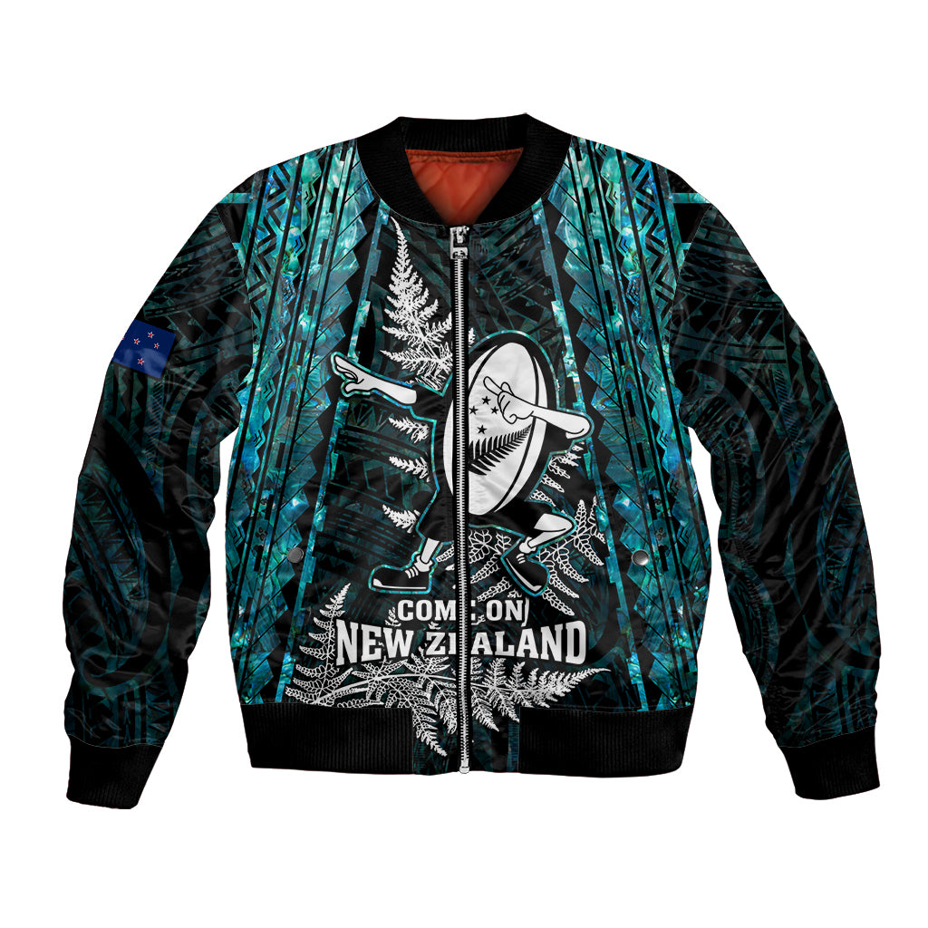 Turquoise and black New Zealand graphic unisex rugby bomber jacket, zip front