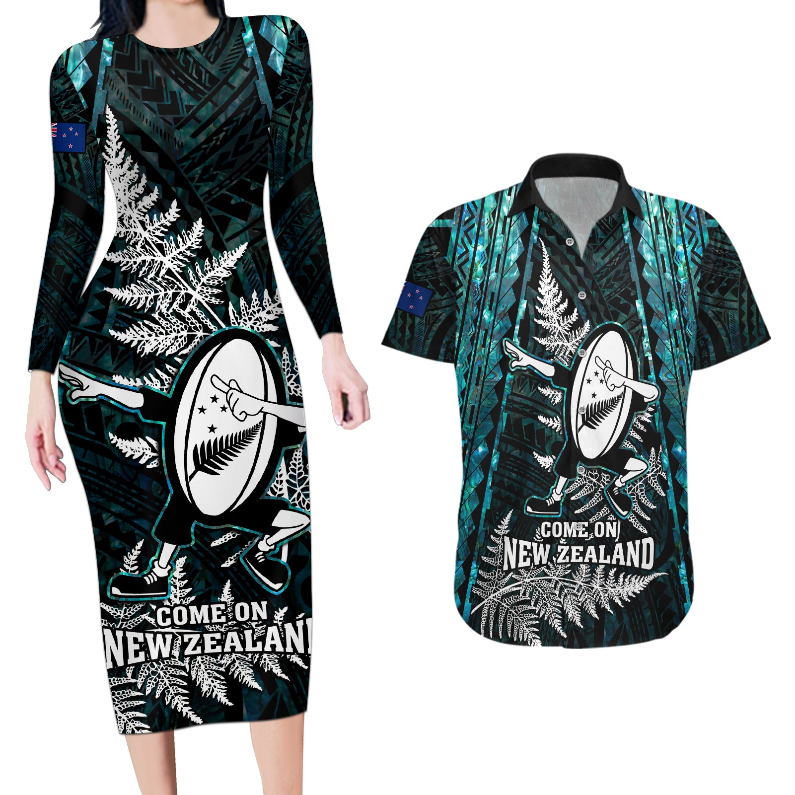 Custom New Zealand Silver Fern Rugby Couples Matching Long Sleeve Bodycon Dress and Hawaiian Shirt Aotearoa All Black Dabbing Ball With Maori Paua Shell - Wonder Print Shop