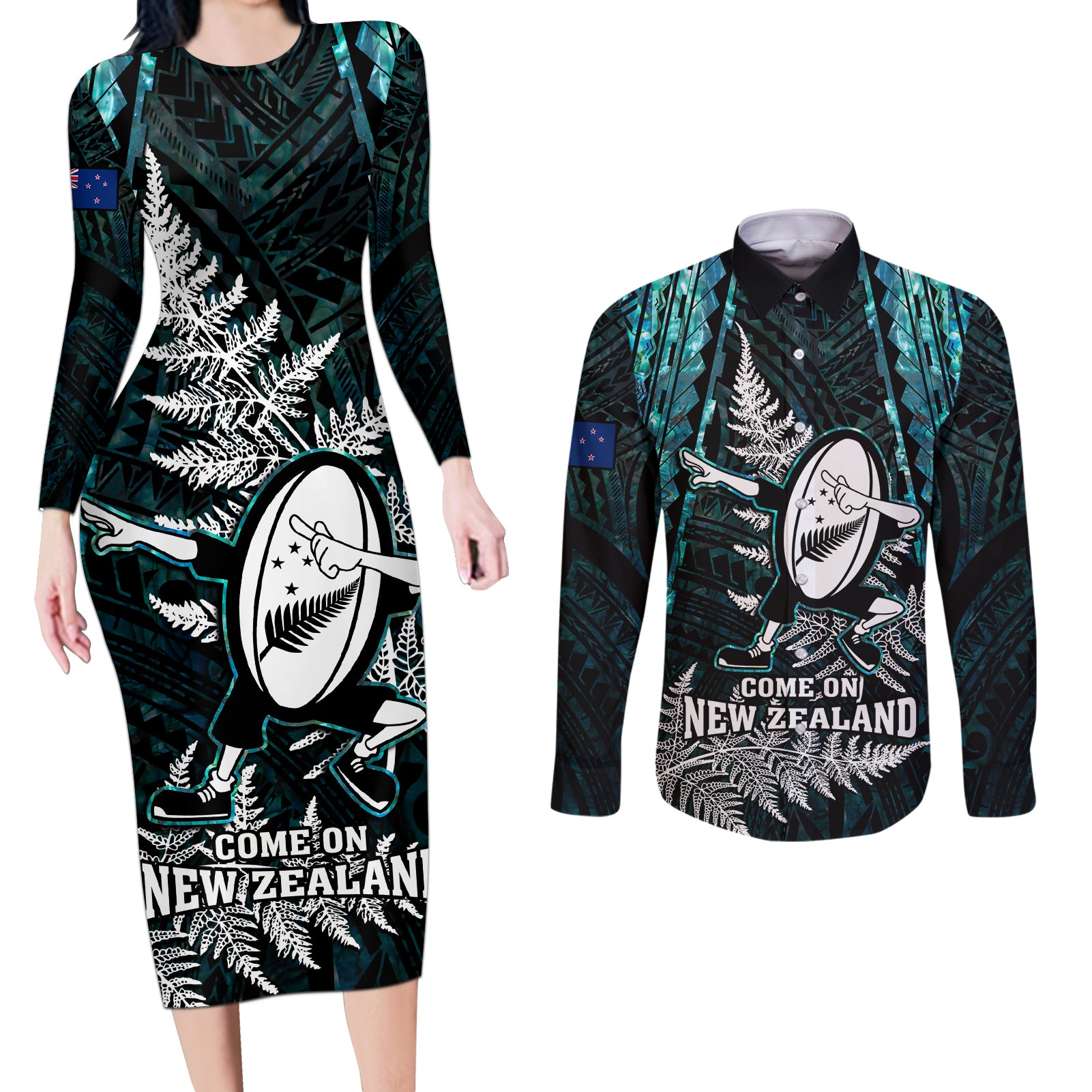 Custom New Zealand Silver Fern Rugby Couples Matching Long Sleeve Bodycon Dress and Long Sleeve Button Shirts Aotearoa All Black Dabbing Ball With Maori Paua Shell - Wonder Print Shop