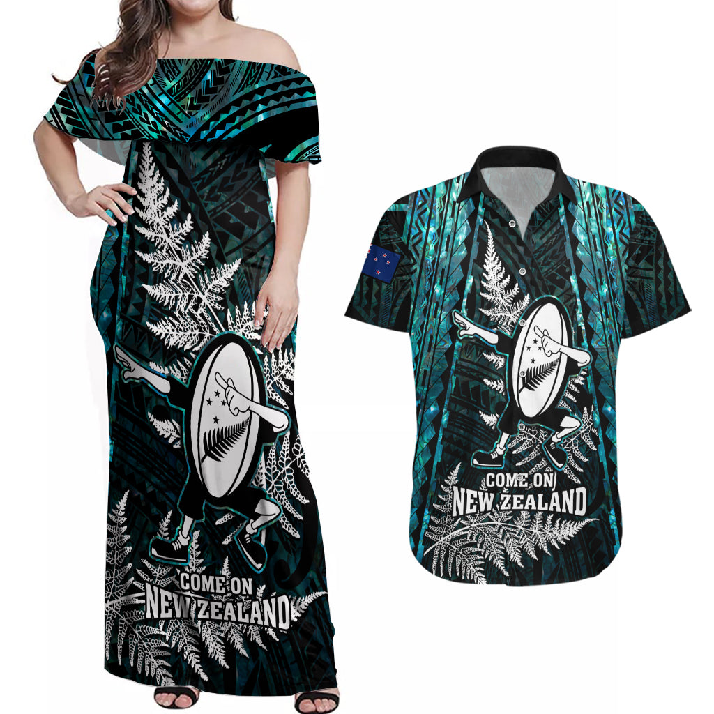 Custom New Zealand Silver Fern Rugby Couples Matching Off Shoulder Maxi Dress and Hawaiian Shirt Aotearoa All Black Dabbing Ball With Maori Paua Shell - Wonder Print Shop