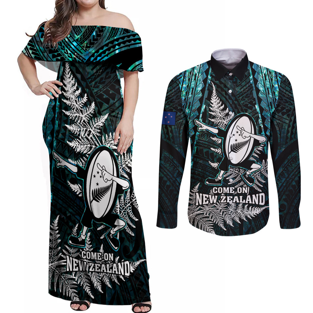 Custom New Zealand Silver Fern Rugby Couples Matching Off Shoulder Maxi Dress and Long Sleeve Button Shirts Aotearoa All Black Dabbing Ball With Maori Paua Shell - Wonder Print Shop