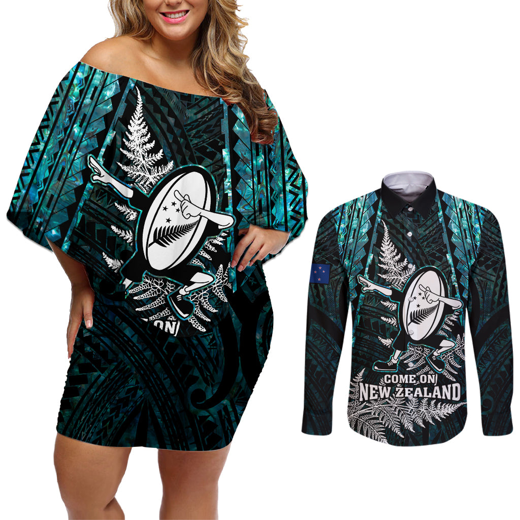 Custom New Zealand Silver Fern Rugby Couples Matching Off Shoulder Short Dress and Long Sleeve Button Shirts Aotearoa All Black Dabbing Ball With Maori Paua Shell - Wonder Print Shop