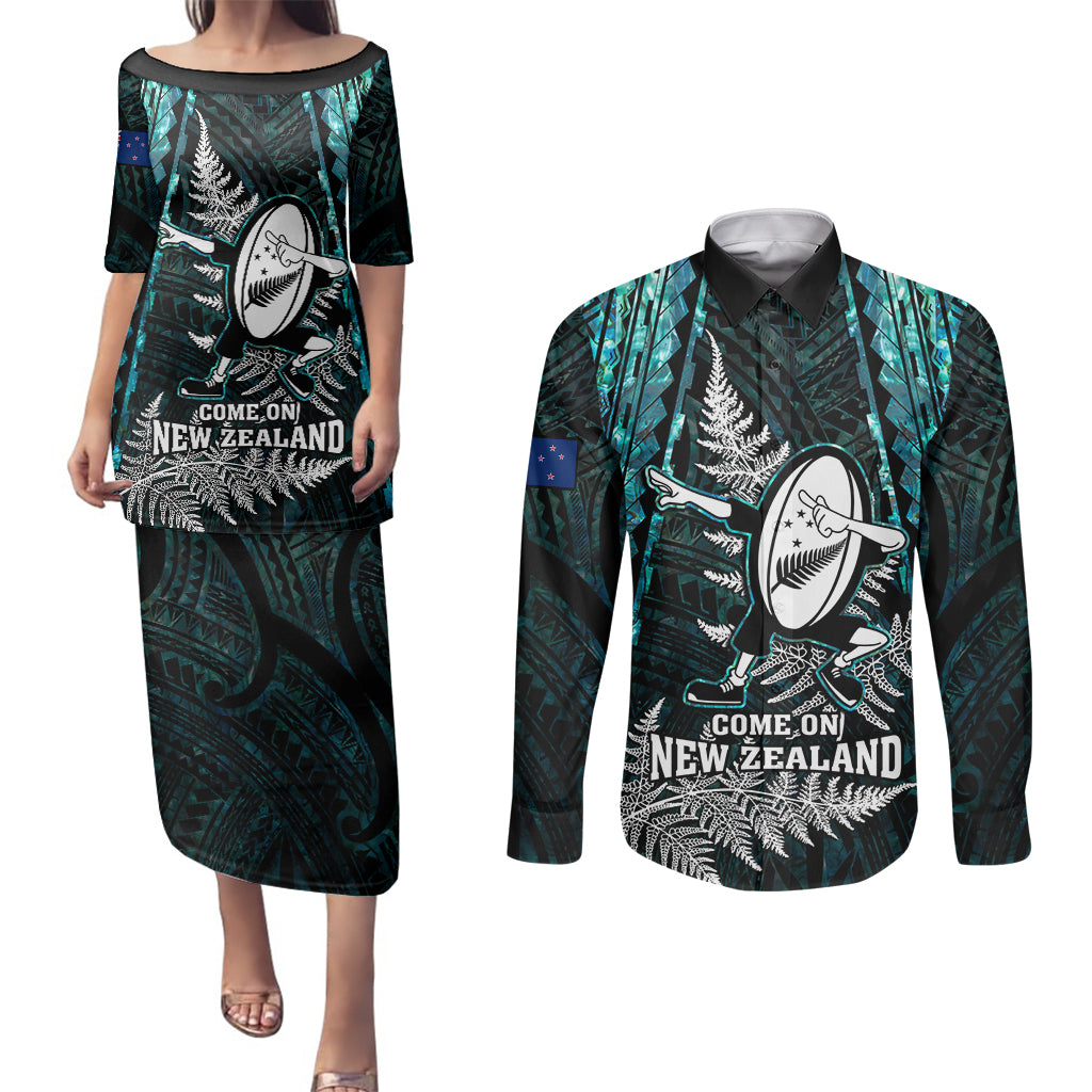 Custom New Zealand Silver Fern Rugby Couples Matching Puletasi Dress and Long Sleeve Button Shirts Aotearoa All Black Dabbing Ball With Maori Paua Shell - Wonder Print Shop