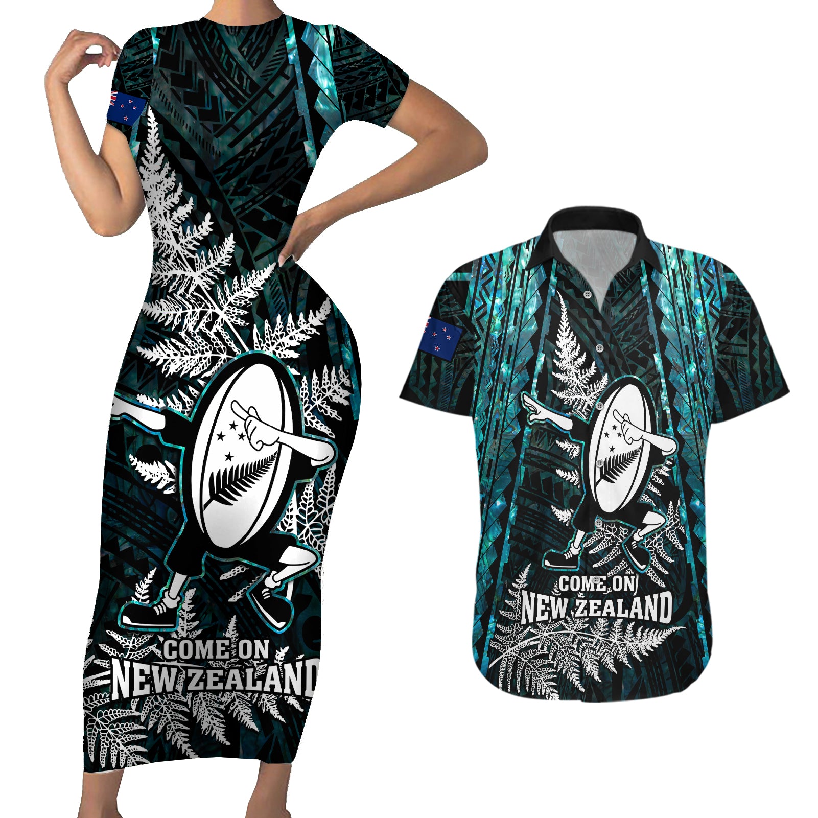 Custom New Zealand Silver Fern Rugby Couples Matching Short Sleeve Bodycon Dress and Hawaiian Shirt Aotearoa All Black Dabbing Ball With Maori Paua Shell - Wonder Print Shop