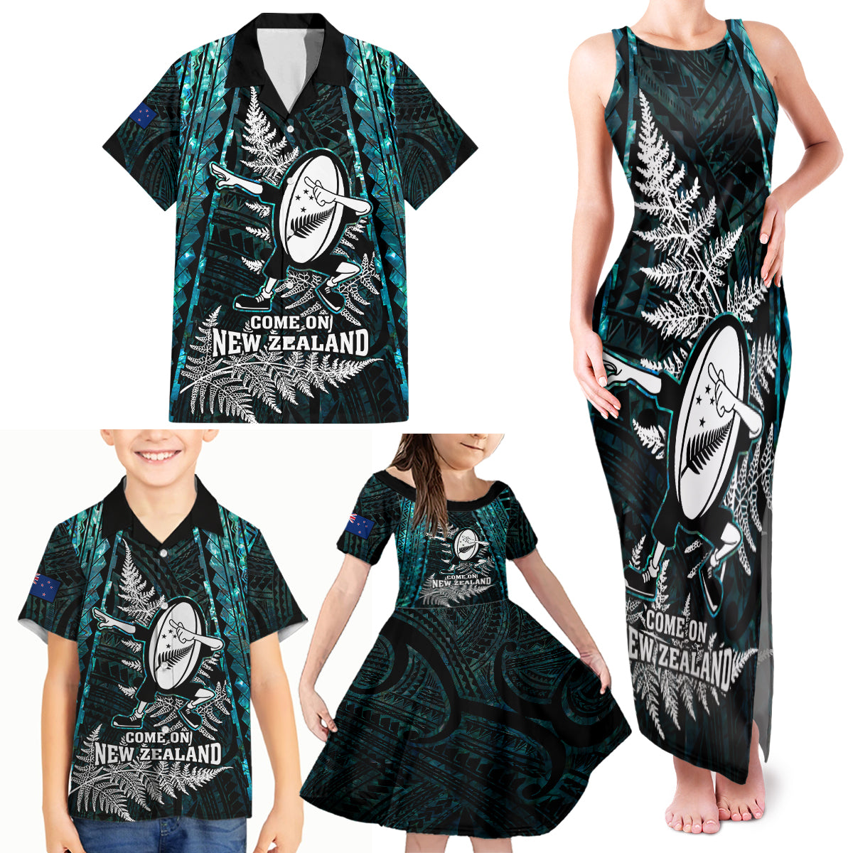 Custom New Zealand Silver Fern Rugby Family Matching Tank Maxi Dress and Hawaiian Shirt Aotearoa All Black Dabbing Ball With Maori Paua Shell - Wonder Print Shop