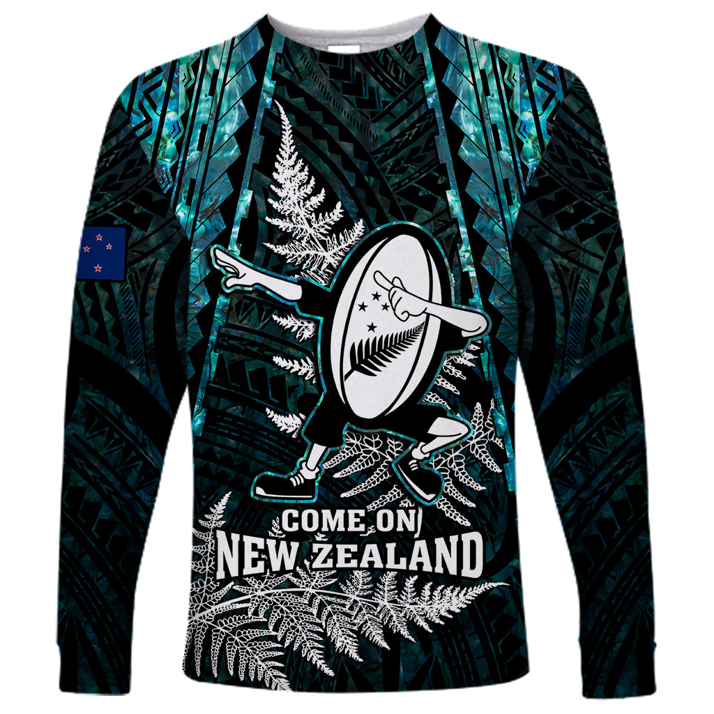 Custom New Zealand Silver Fern Rugby Long Sleeve Shirt Aotearoa All Black Dabbing Ball With Maori Paua Shell - Wonder Print Shop