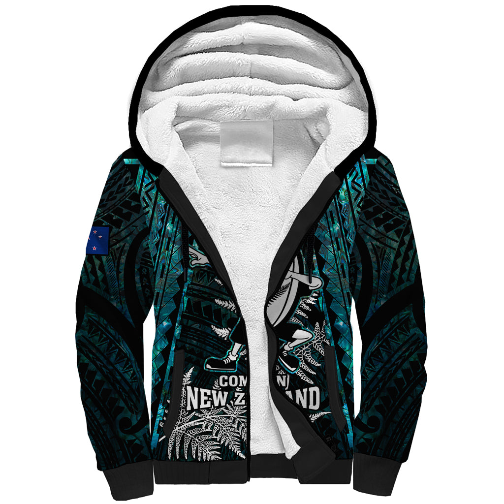 Custom New Zealand Silver Fern Rugby Sherpa Hoodie Aotearoa All Black Dabbing Ball With Maori Paua Shell - Wonder Print Shop