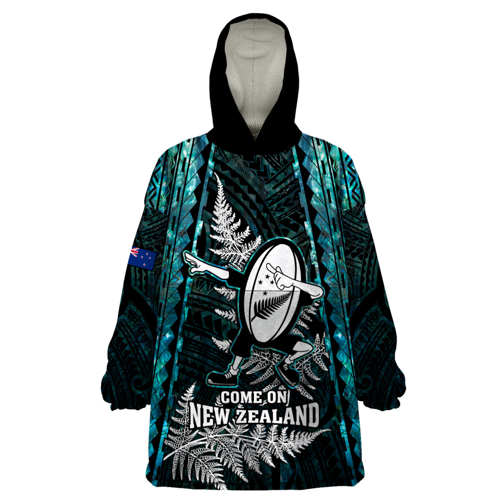 Custom New Zealand Silver Fern Rugby Wearable Blanket Hoodie Aotearoa All Black Dabbing Ball With Maori Paua Shell - Wonder Print Shop