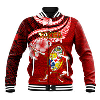 Red baseball jacket with striped rib collar and large hibiscus crest graphic on front