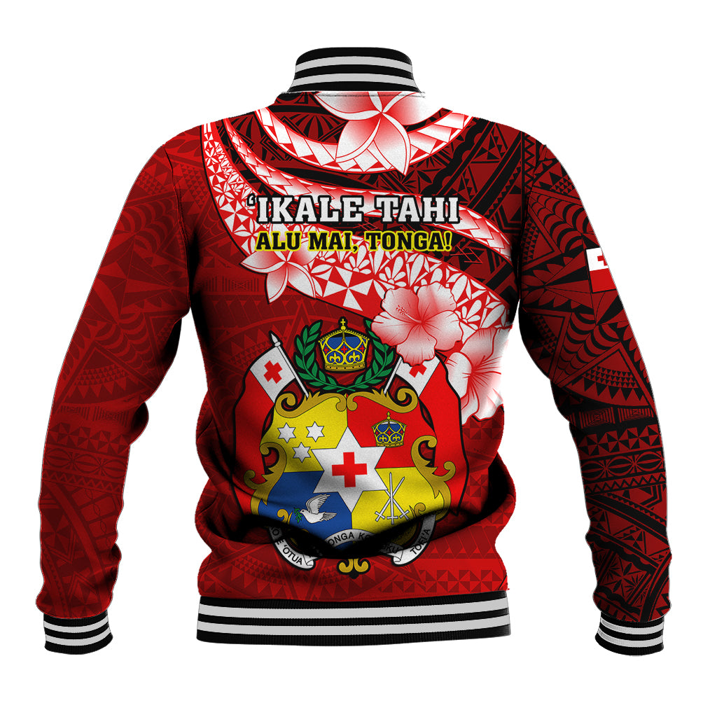 Red baseball jacket with striped hem and hibiscus island crest graphic on back