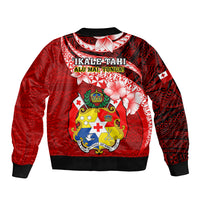Red bomber jacket with ribbed collar and hem, large crest emblem graphic on back