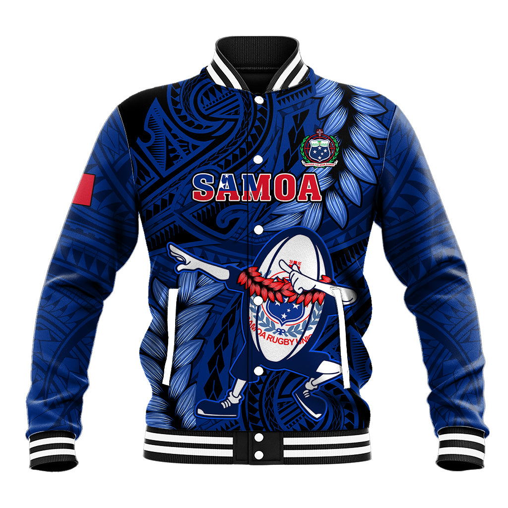 Blue rugby baseball jacket with ribbed collar and SAMOA dabbing graphic
