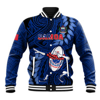 Blue rugby baseball jacket with ribbed collar and SAMOA dabbing graphic
