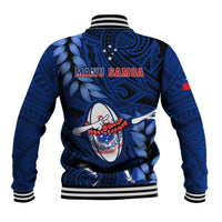 Blue back varsity jacket with MANU SAMOA text and dabbing rugby graphic