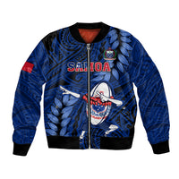 Unisex blue bomber jacket with full-zip, rugby dabbing graphic, leaf pattern.