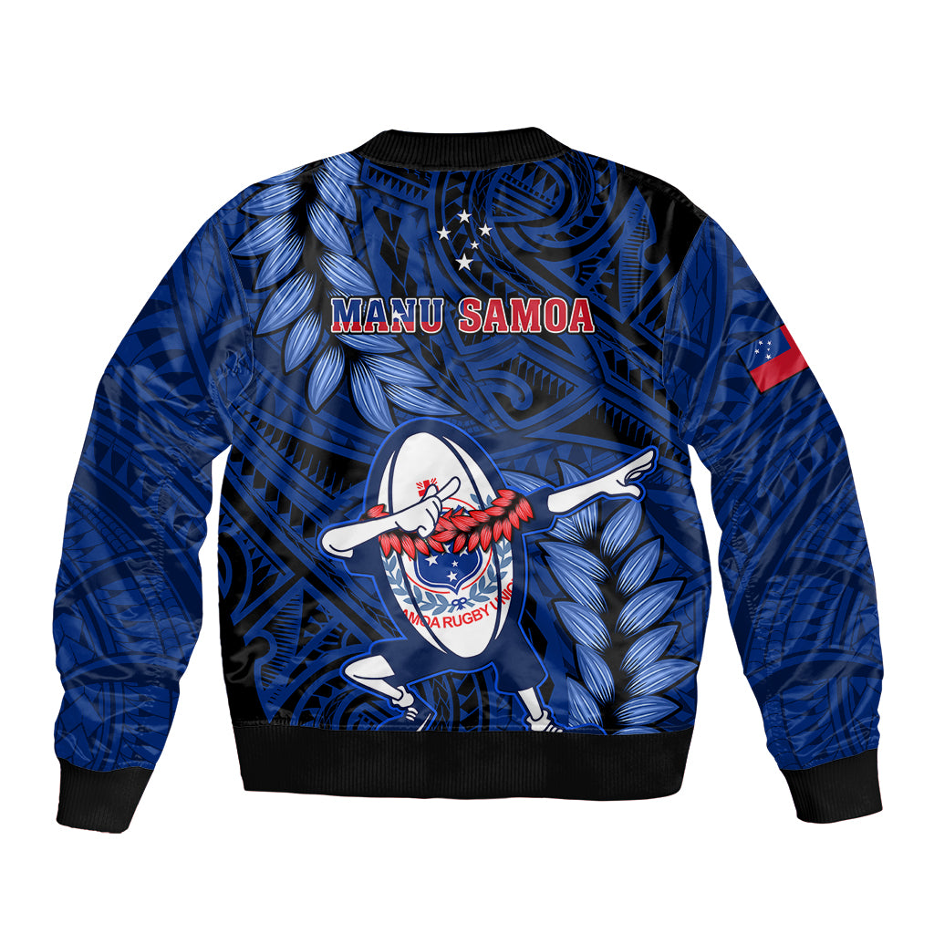 Unisex blue bomber jacket with MANU SAMOA lettering and rugby dabbing graphic.