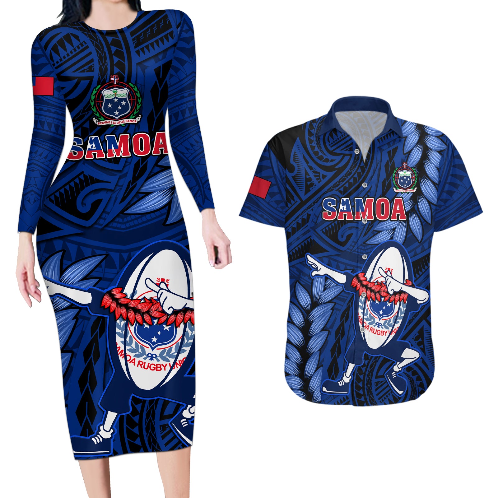 Samoa Rugby Couples Matching Long Sleeve Bodycon Dress and Hawaiian Shirt Manu Samoa Ula Fala Dabbing Ball Polynesian Blue Version - Wonder Print Shop