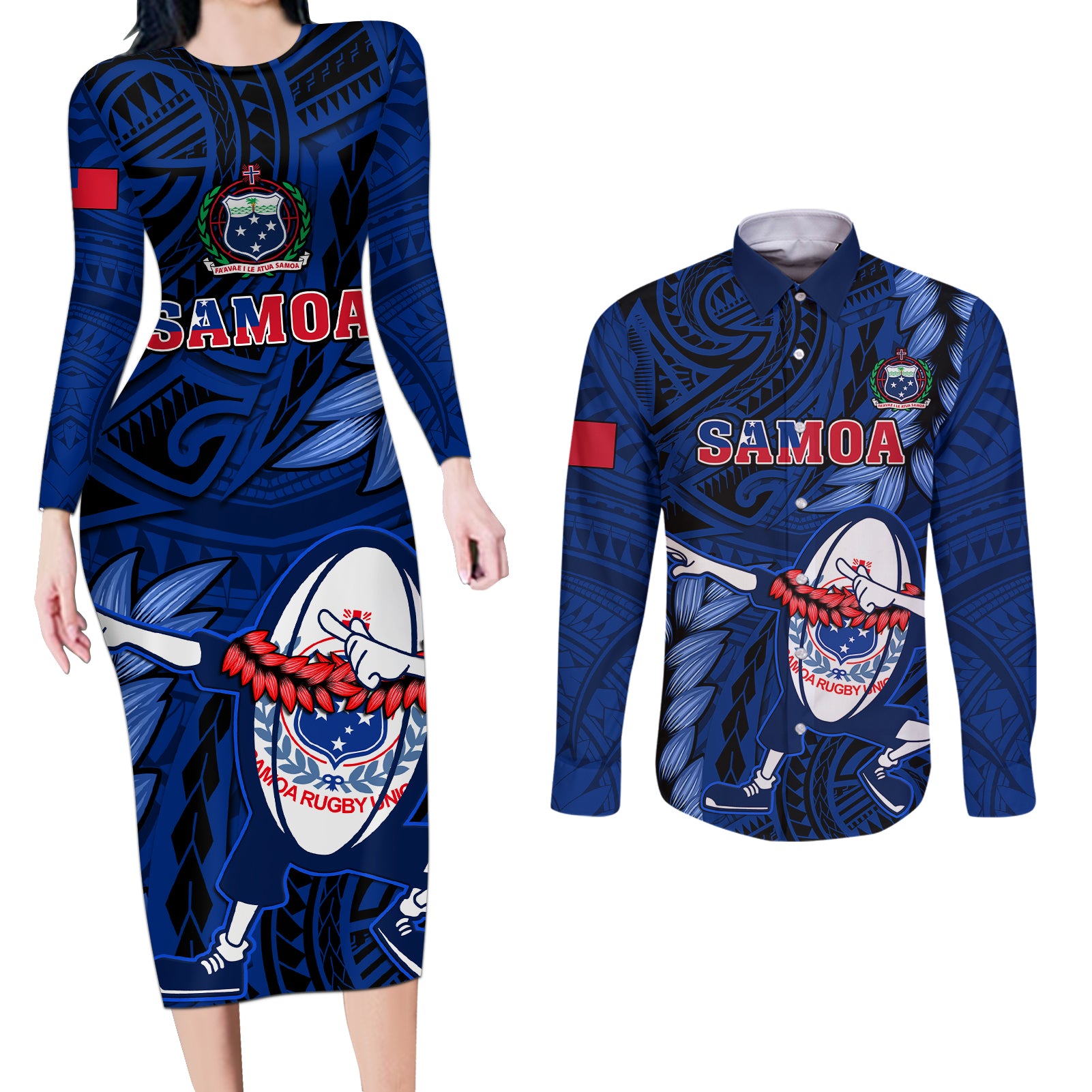 Samoa Rugby Couples Matching Long Sleeve Bodycon Dress and Long Sleeve Button Shirts Manu Samoa Ula Fala Dabbing Ball Polynesian Blue Version - Wonder Print Shop