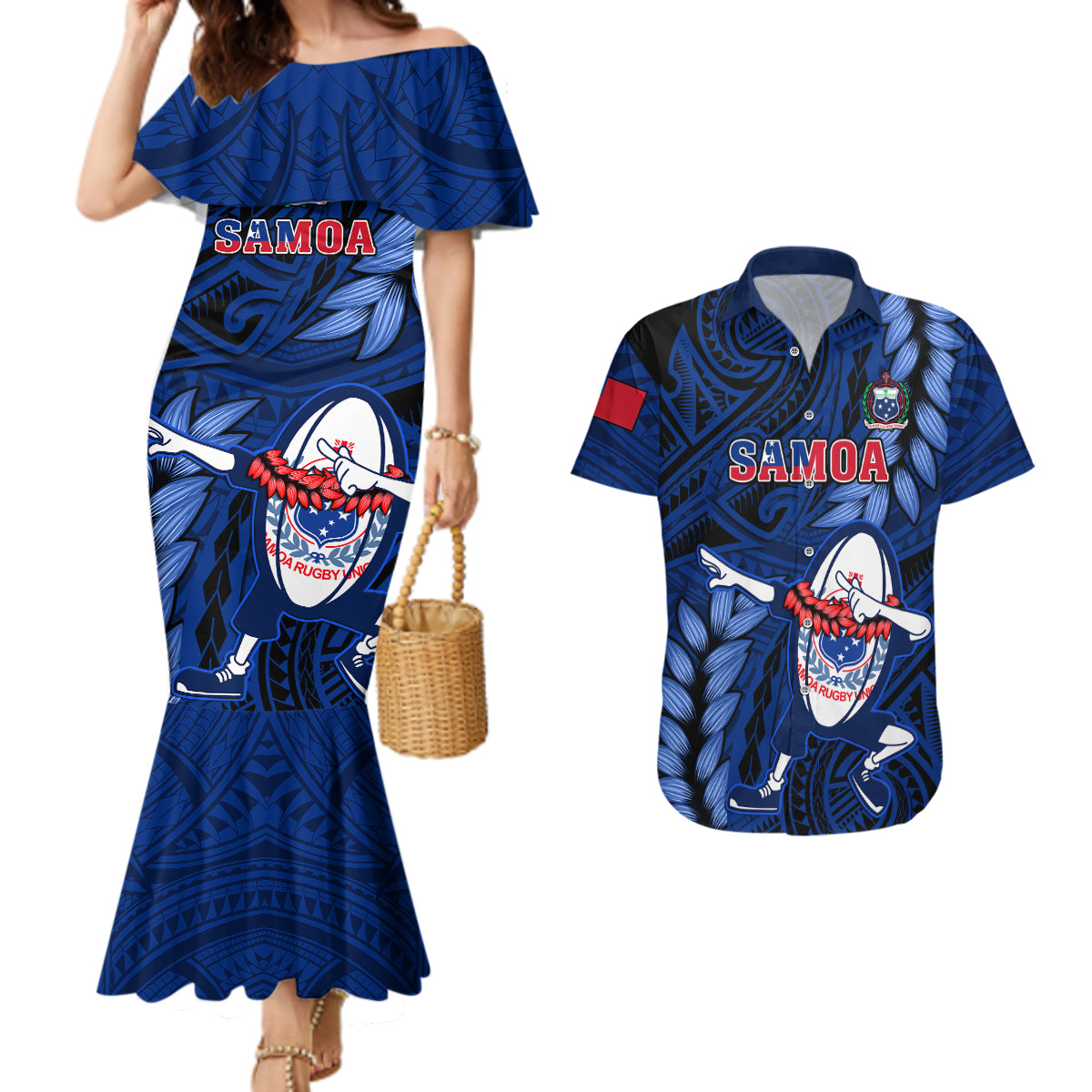 Samoa Rugby Couples Matching Mermaid Dress and Hawaiian Shirt Manu Samoa Ula Fala Dabbing Ball Polynesian Blue Version - Wonder Print Shop