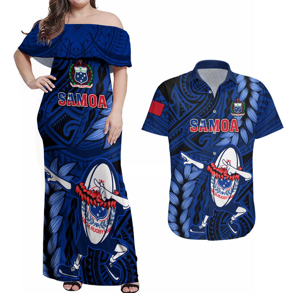 Samoa Rugby Couples Matching Off Shoulder Maxi Dress and Hawaiian Shirt Manu Samoa Ula Fala Dabbing Ball Polynesian Blue Version - Wonder Print Shop