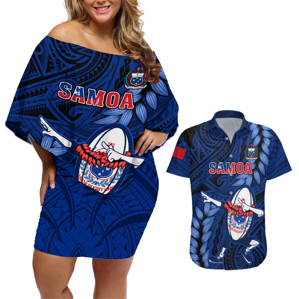 Samoa Rugby Couples Matching Off Shoulder Short Dress and Hawaiian Shirt Manu Samoa Ula Fala Dabbing Ball Polynesian Blue Version - Wonder Print Shop