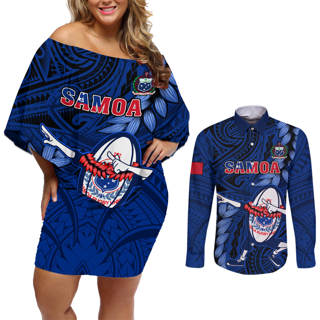 Samoa Rugby Couples Matching Off Shoulder Short Dress and Long Sleeve Button Shirts Manu Samoa Ula Fala Dabbing Ball Polynesian Blue Version - Wonder Print Shop