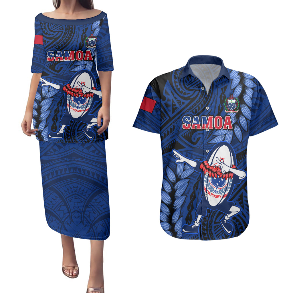 Samoa Rugby Couples Matching Puletasi Dress and Hawaiian Shirt Manu Samoa Ula Fala Dabbing Ball Polynesian Blue Version - Wonder Print Shop