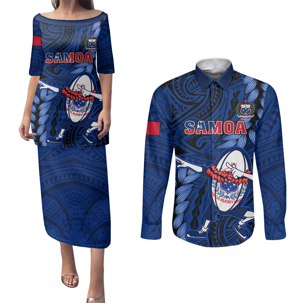 Samoa Rugby Couples Matching Puletasi Dress and Long Sleeve Button Shirts Manu Samoa Ula Fala Dabbing Ball Polynesian Blue Version - Wonder Print Shop