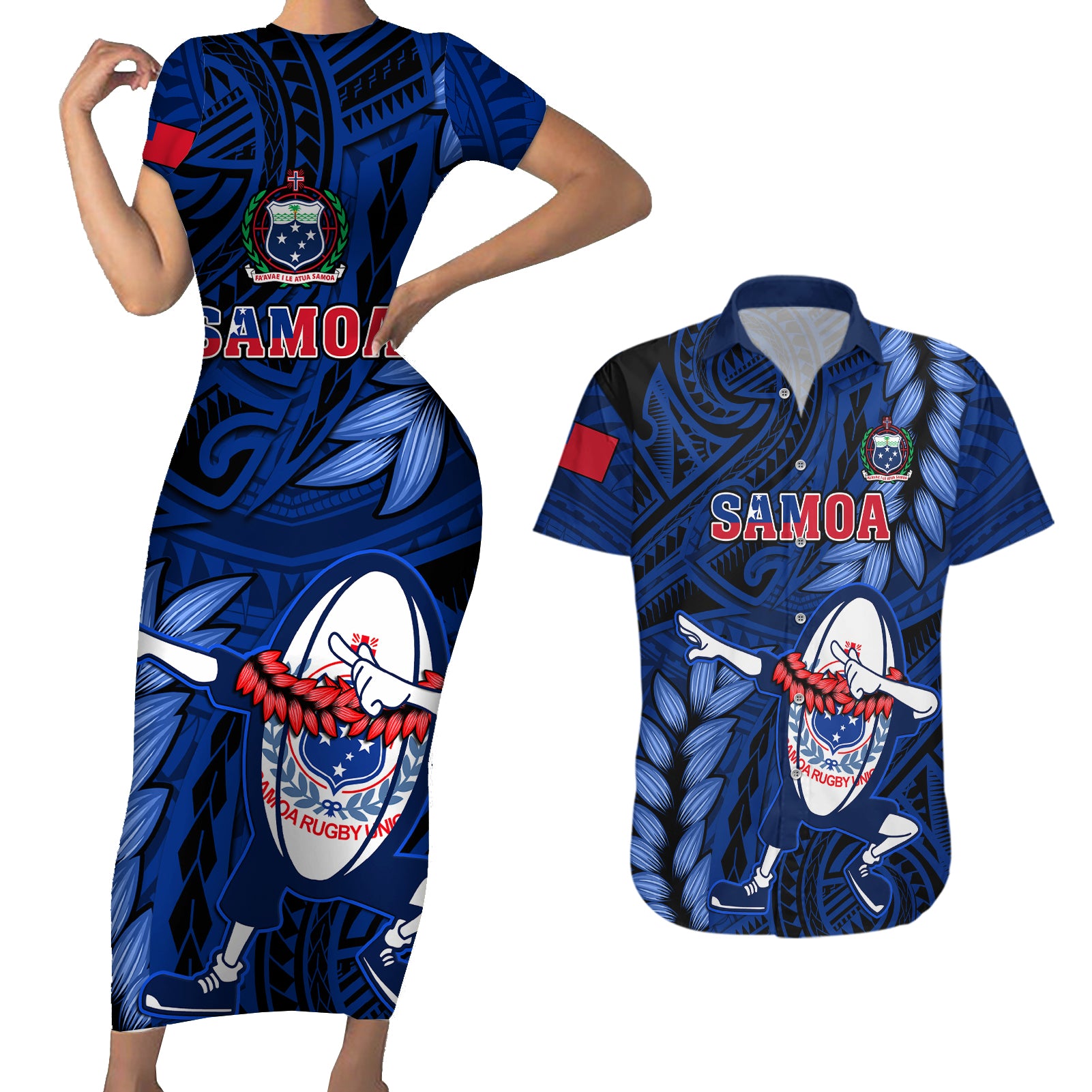 Samoa Rugby Couples Matching Short Sleeve Bodycon Dress and Hawaiian Shirt Manu Samoa Ula Fala Dabbing Ball Polynesian Blue Version - Wonder Print Shop