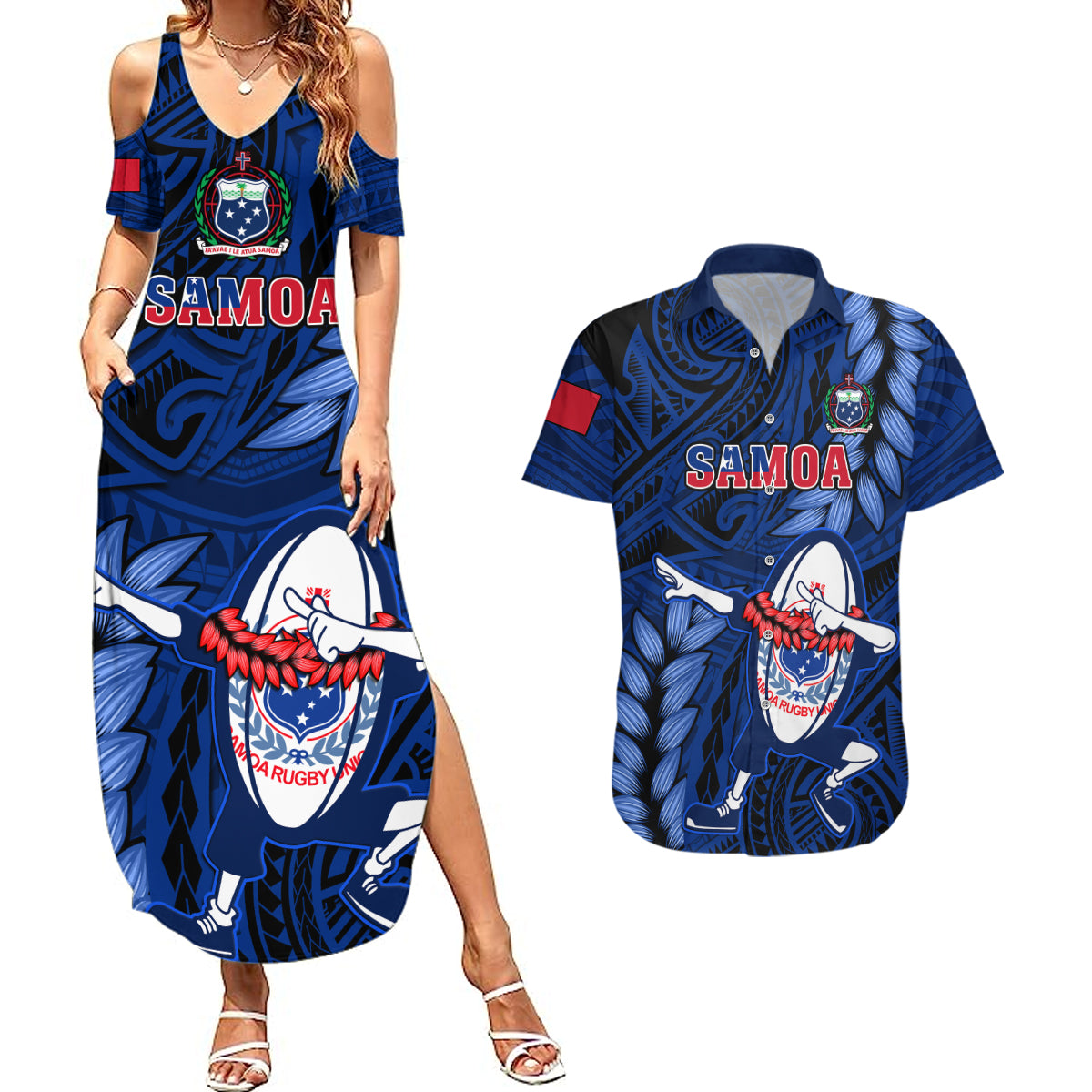 Samoa Rugby Couples Matching Summer Maxi Dress and Hawaiian Shirt Manu Samoa Ula Fala Dabbing Ball Polynesian Blue Version - Wonder Print Shop