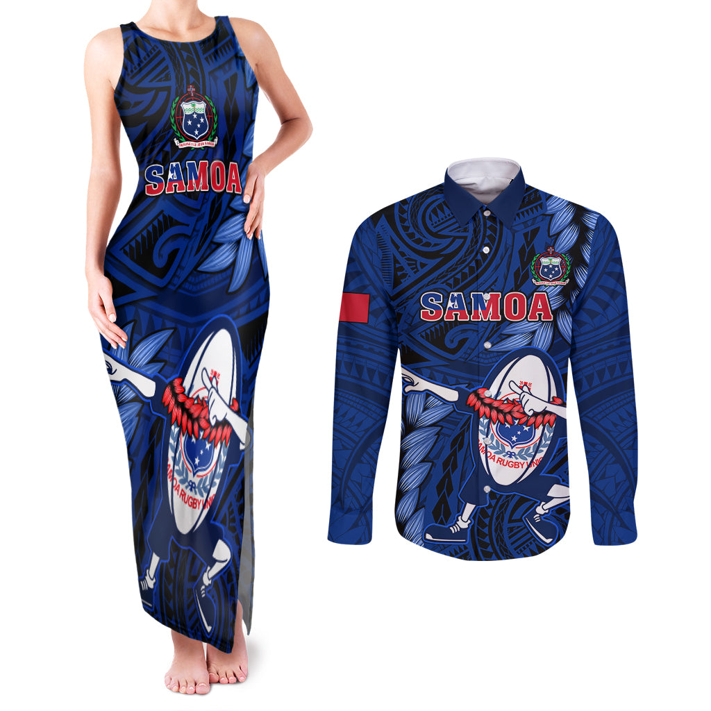 Samoa Rugby Couples Matching Tank Maxi Dress and Long Sleeve Button Shirts Manu Samoa Ula Fala Dabbing Ball Polynesian Blue Version - Wonder Print Shop