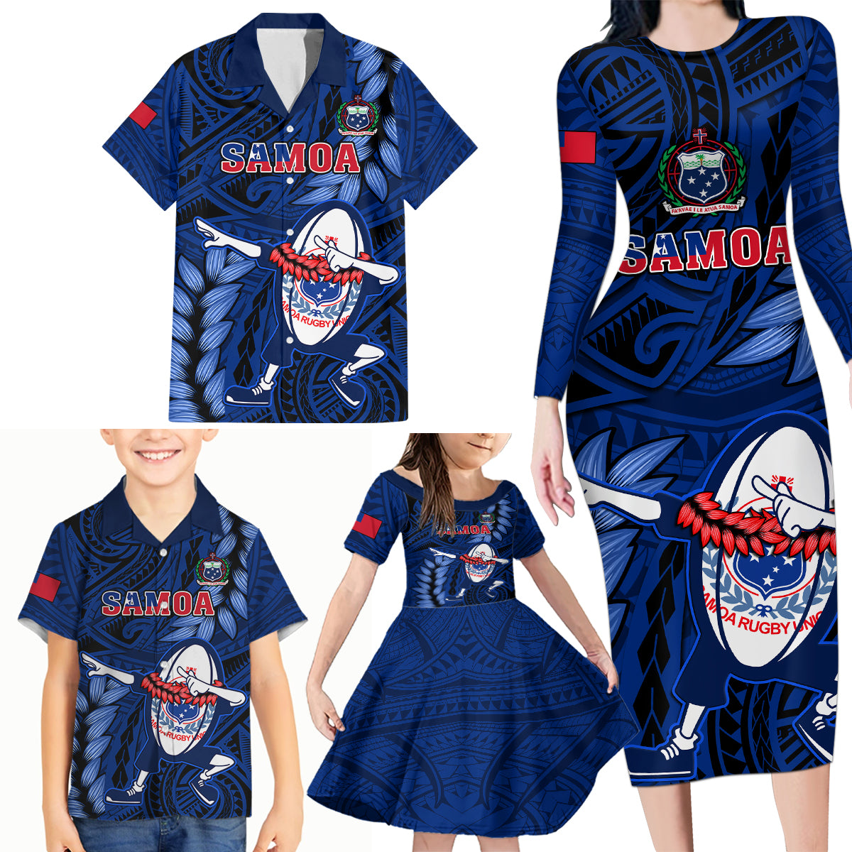 Samoa Rugby Family Matching Long Sleeve Bodycon Dress and Hawaiian Shirt Manu Samoa Ula Fala Dabbing Ball Polynesian Blue Version - Wonder Print Shop