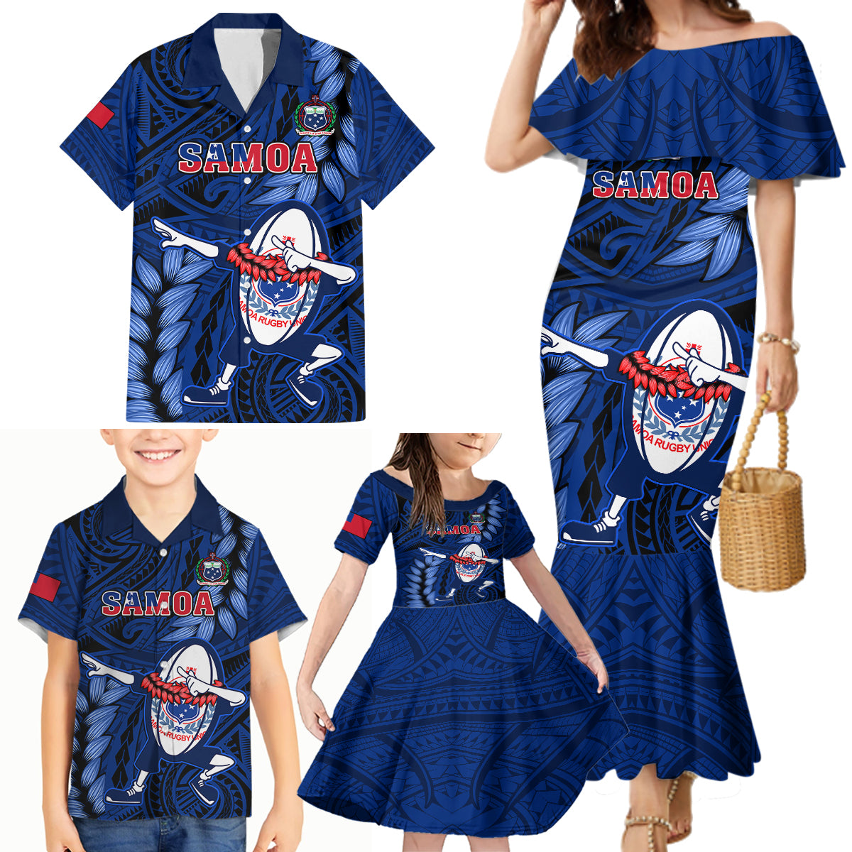 Samoa Rugby Family Matching Mermaid Dress and Hawaiian Shirt Manu Samoa Ula Fala Dabbing Ball Polynesian Blue Version - Wonder Print Shop