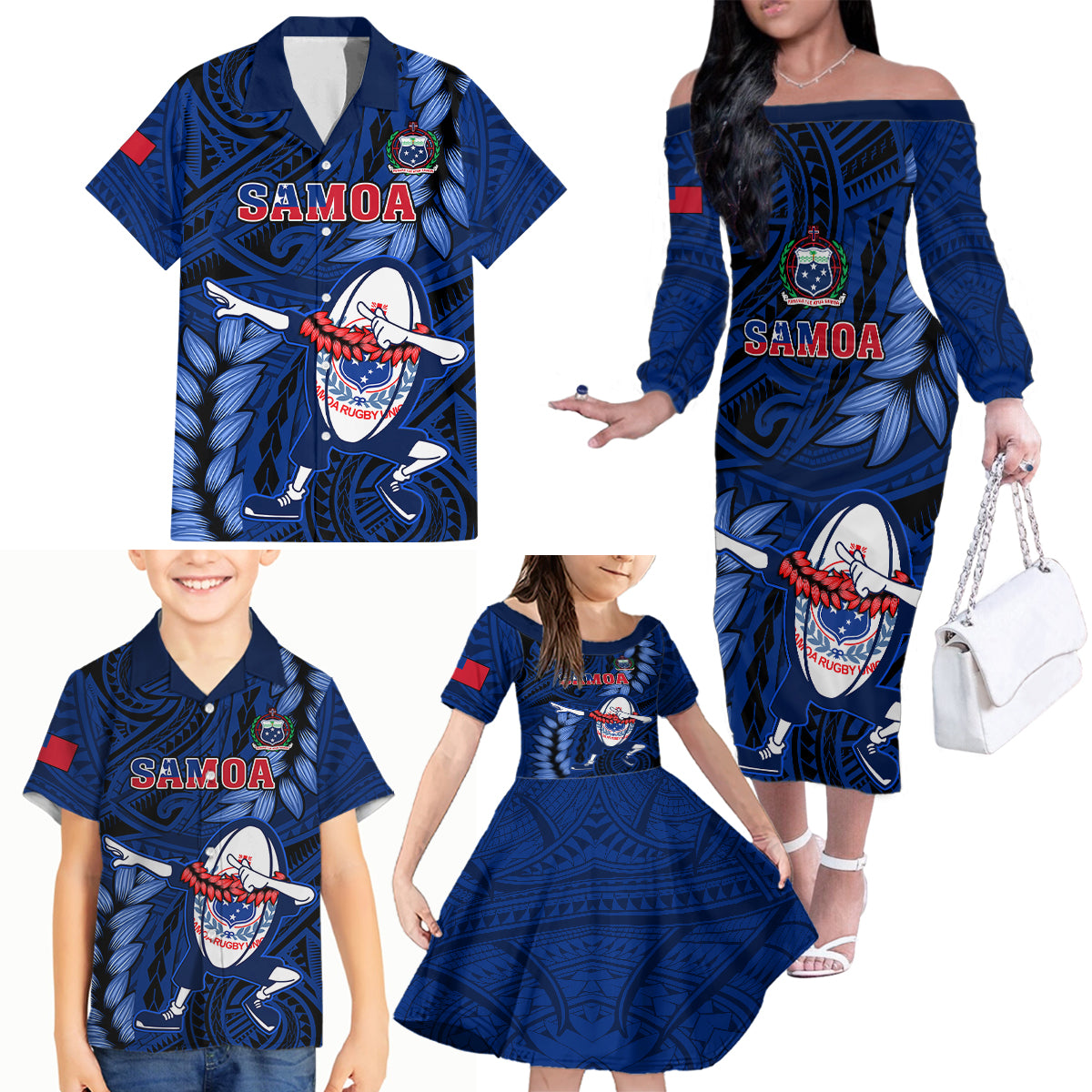 Samoa Rugby Family Matching Off Shoulder Long Sleeve Dress and Hawaiian Shirt Manu Samoa Ula Fala Dabbing Ball Polynesian Blue Version - Wonder Print Shop