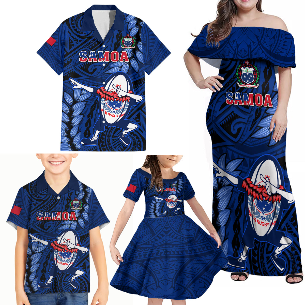 Samoa Rugby Family Matching Off Shoulder Maxi Dress and Hawaiian Shirt Manu Samoa Ula Fala Dabbing Ball Polynesian Blue Version - Wonder Print Shop