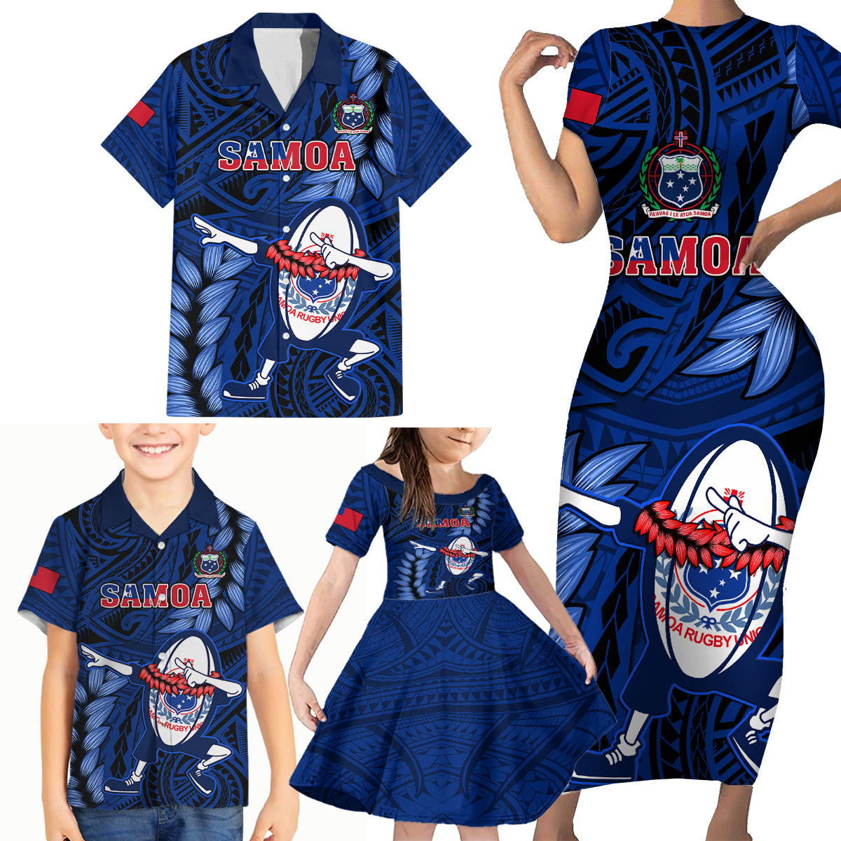 Samoa Rugby Family Matching Short Sleeve Bodycon Dress and Hawaiian Shirt Manu Samoa Ula Fala Dabbing Ball Polynesian Blue Version - Wonder Print Shop