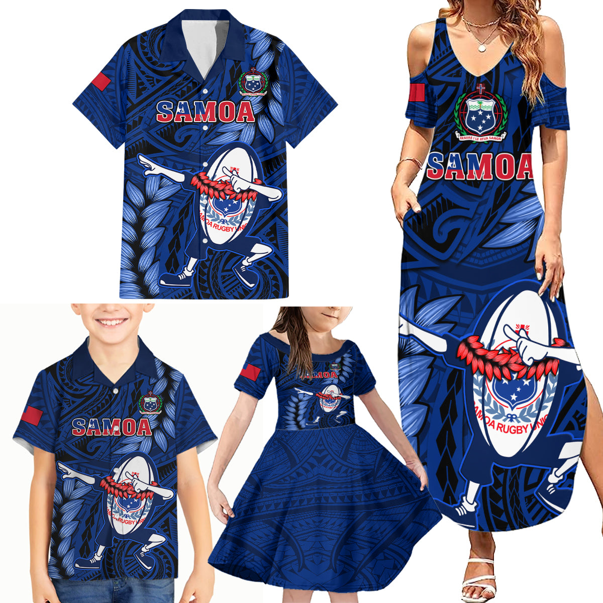 Samoa Rugby Family Matching Summer Maxi Dress and Hawaiian Shirt Manu Samoa Ula Fala Dabbing Ball Polynesian Blue Version - Wonder Print Shop