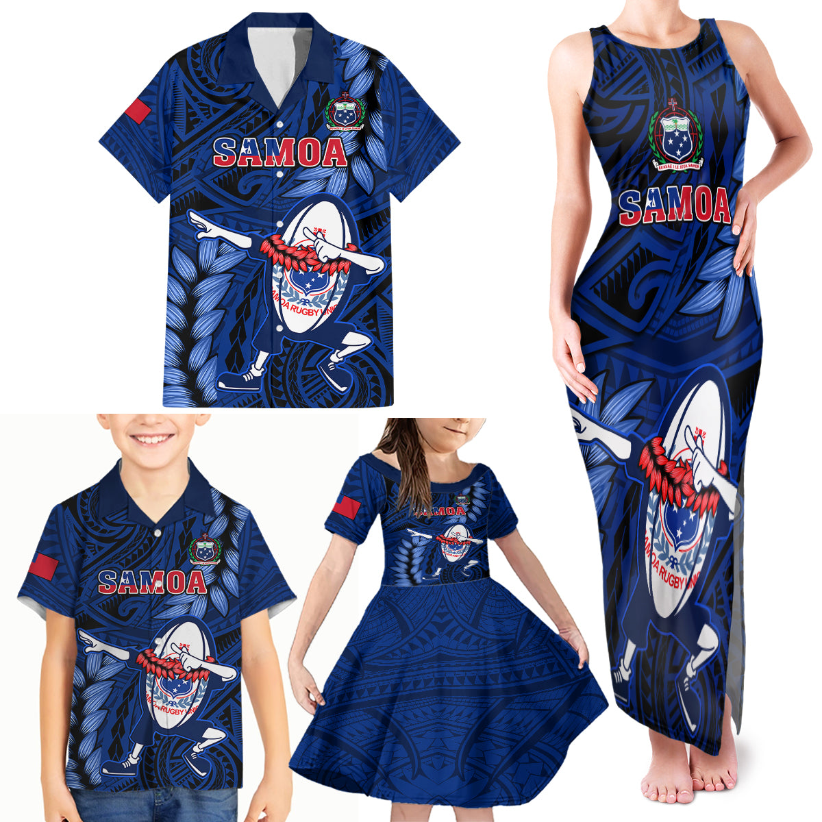 Samoa Rugby Family Matching Tank Maxi Dress and Hawaiian Shirt Manu Samoa Ula Fala Dabbing Ball Polynesian Blue Version - Wonder Print Shop