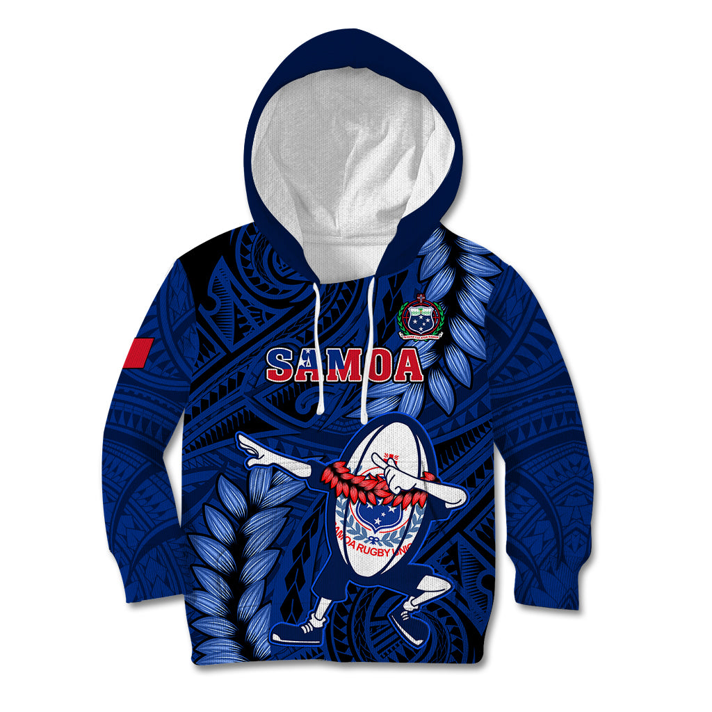 Samoa Rugby Kid Hoodie Manu Samoa Ula Fala Dabbing Ball Polynesian Blue Version - Wonder Print Shop