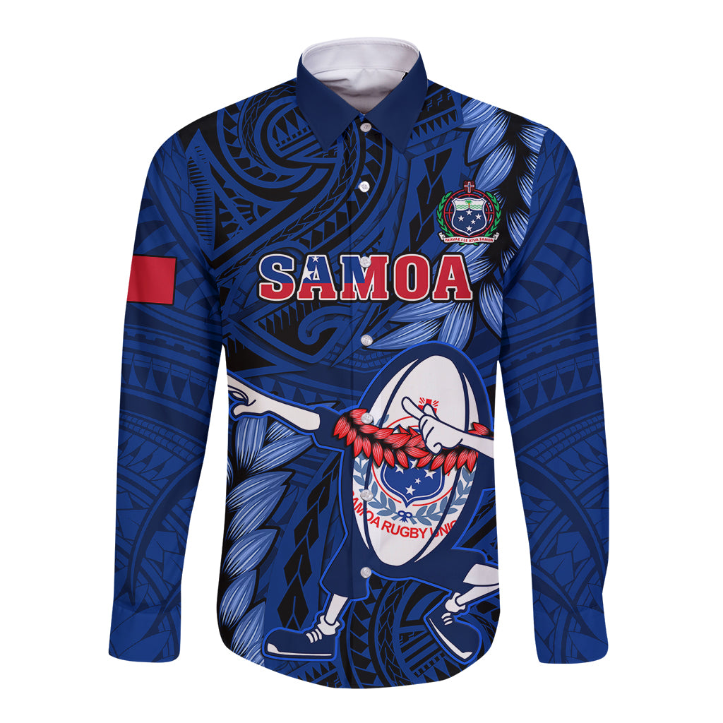 Unisex blue rugby button-up shirt with long sleeves, collar, and Samoa graphic