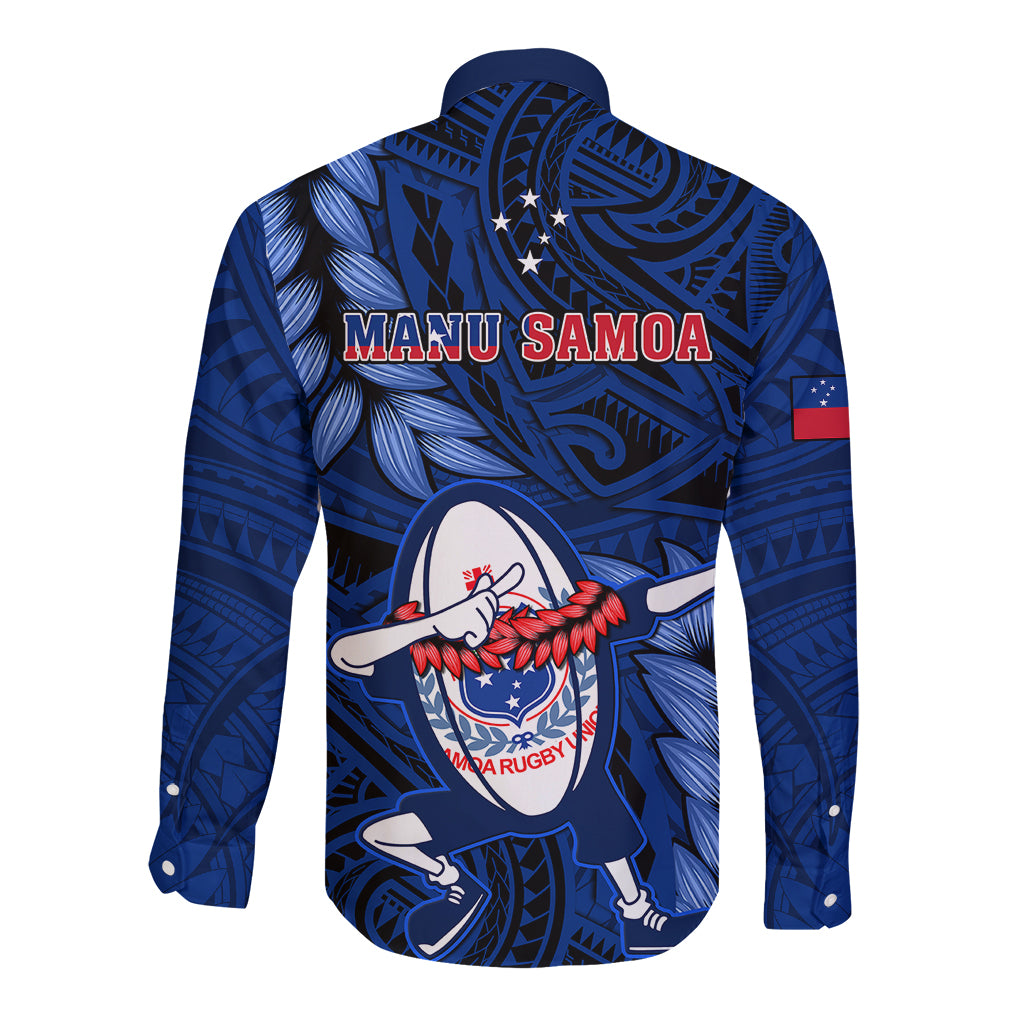 Unisex blue rugby shirt with long sleeves, back text, flag patch, and large graphic