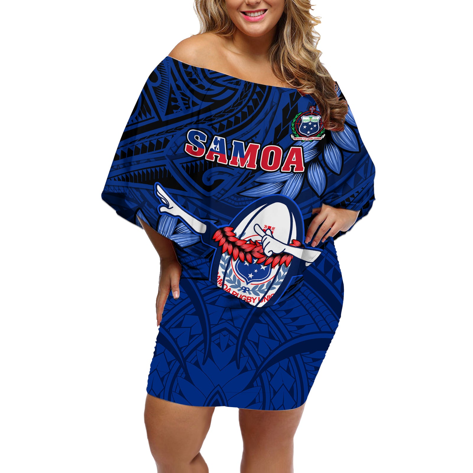 Samoa Rugby Off Shoulder Short Dress Manu Samoa Ula Fala Dabbing Ball Polynesian Blue Version - Wonder Print Shop