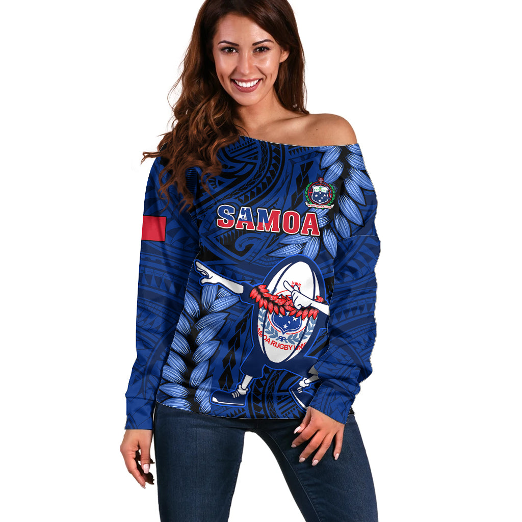 Samoa Rugby Off Shoulder Sweater Manu Samoa Ula Fala Dabbing Ball Polynesian Blue Version - Wonder Print Shop